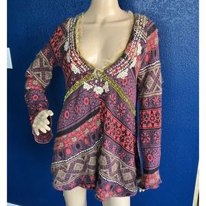 Free People XS Sweater Dress Long Bell Sleeve Knee Length Bohemian Eclectic Knit